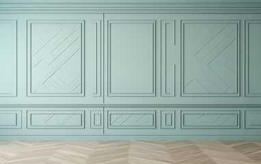 Mint wall mock up with copy space in classic style with beige parquet