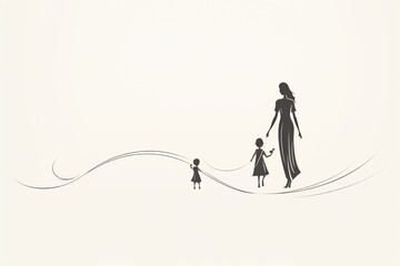 Minimal hand drawn illustration of woman and her children, one line style drawing