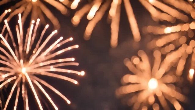 loop seamless of real fireworks background. abstract blur of real golden shining fireworks with bokeh lights in the night sky 4k footage