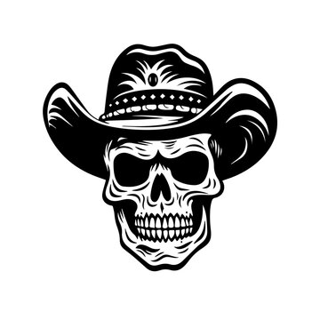 Skull In Cowboy Hat Logo Monochrome Design Style