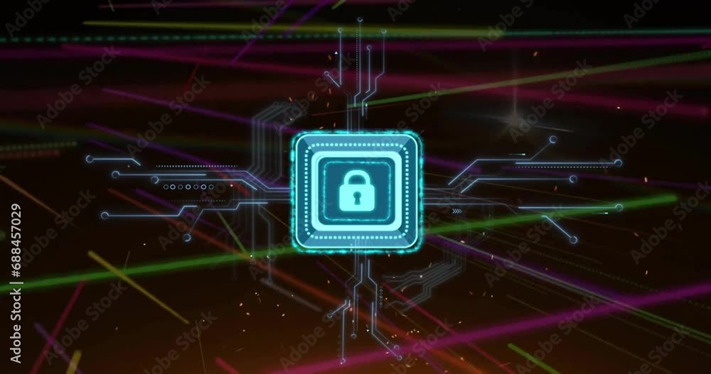 Poster Animation of padlock icon with computer circuit board over light trails on black background