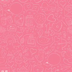 Valentine's day seamless pattern with monochrome doodles on pink background for wallpaper, textile prints, scrapbooking, stationary, wrapping paper, etc. EPS 10