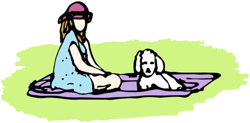 A girl in a dress and a hat is resting in the summer with a dog on a rug in the park. Simple color drawing