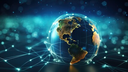 Communication technology with connections around globe Earth showing concept of Internet, IoT, cyberspace, global business, innovation, big data science, digital finance, blockchain.