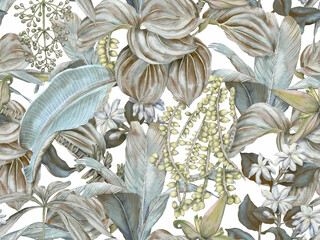 Tropical seamless pattern with banana flower and leaves, palm seeds, jasmine and medinilla. Botanical print with tropical plants