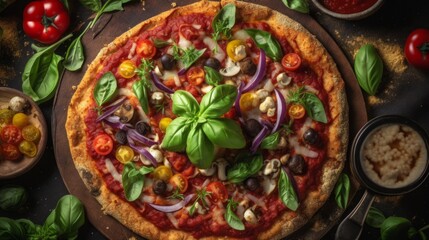 Tempting Delights: Savory Italian Pizza, Tomato & Mozzarella, Fresh Vegetables on a Baked Crust, generative AI