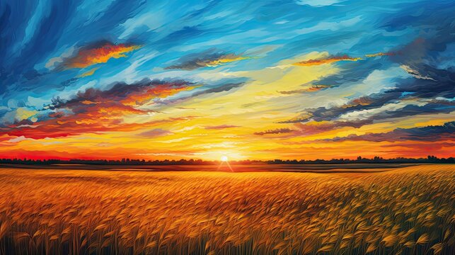 Tranquil meadow rolling wheat sunset paints nature beautiful
