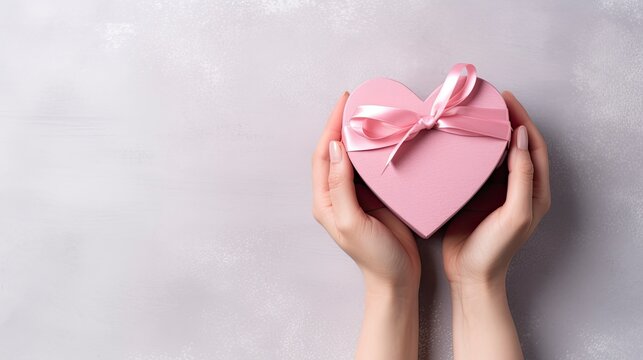 Symbol of Love. Close-Up on Female Hands Holding a Heart-Shaped Gift for Valentine's Day, Birthday, Mother's Day.