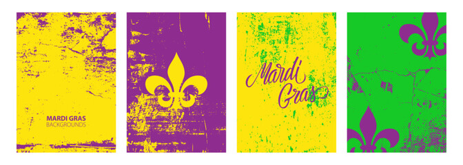 Mardi Gras backgrounds for Fat Tuesday holiday greetings with grunge textures, lettering and Fleur De Lis sign. Vector Illustration. - obrazy, fototapety, plakaty