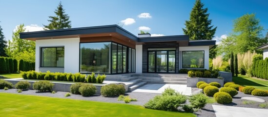 Contemporary suburban home with simple green garden. - obrazy, fototapety, plakaty