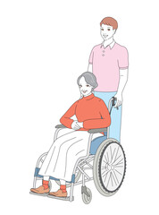 介護士に車椅子を押してもらうシニア女性