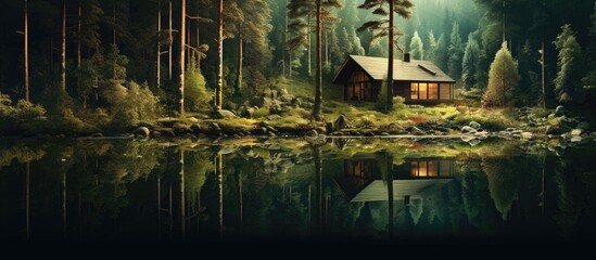 Forest cabin near a river (imaginary collage). - obrazy, fototapety, plakaty