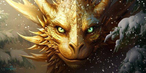 gold new years dragon with enchanting eyes in the snow