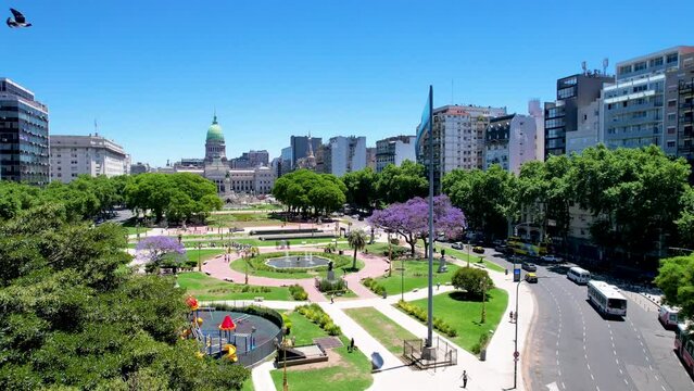Beautiful aerial footage of the Argentina flag waving, the Palace of the Argentine National Congress, in the city of Buenos Aires, Argentina 