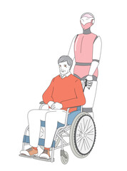近未来介護ロボットと車いすに乗る高齢者