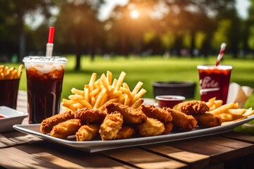 Fried chicken nuggets at a park, served with french fries, coke, and sauce - obrazy, fototapety, plakaty