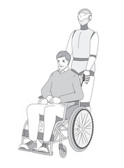 近未来介護ロボットと車いすに乗る高齢者
