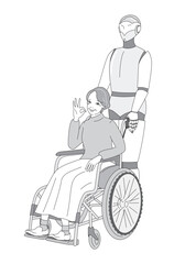 近未来介護ロボットと車いすに乗る高齢者