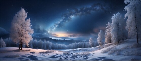 Winter night landscape in the forest hill with beautiful mountains and starry night background