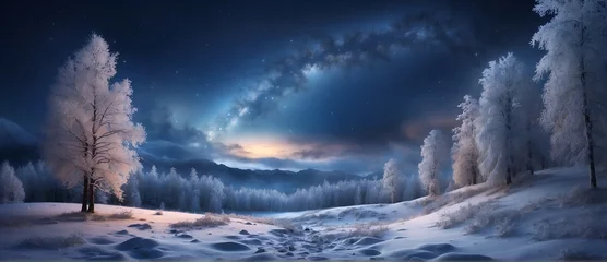 Fototapeten Winter night landscape in the forest hill with beautiful mountains and starry night background © sonderstock