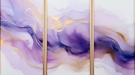 Marble abstract background with gold and purple paint. Liquid marble pattern.