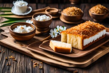 Fototapeta na wymiar Thai-style Anchan coconut cake displayed on a wooden table