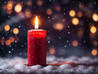 Closeup red candle on the snow with snowfall and winter bokeh lights background