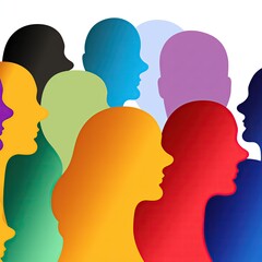 Opinion. Illustration of colorful silhouettes. Silhouette figures with colorful faces. Individuals in different colors. Social and political commentary. Voice. Society. Spectrum. Poll