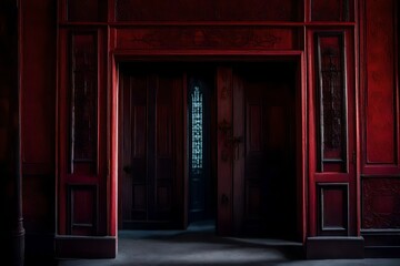 Unsettling old doors with a crimson interior that lead to a frightening mansion for Halloween