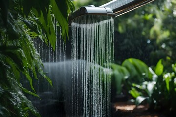 Water rushing from a shower nozzle and frozen water movement in an outdoor shower surrounded by greenery - obrazy, fototapety, plakaty