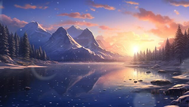 Winter nature landscape, Lake and mountains at sunset and falling Snowflake. seamless looping time-lapse virtual 4k video animation background. Generated with AI