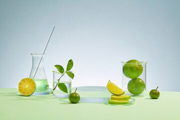 Lab equipment including a beaker, Erlenmeyer flask, glass rod, and fresh lemon set against a refreshing blue background, creating an ideal space for product display with a scientific flair.