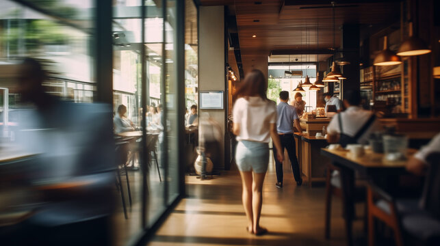 Blurred customers walking fast movement in coffee shop light cream, Blurred restaurant background