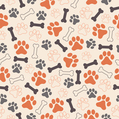 Paw animal print silhouettes. Seamless pattern with paws