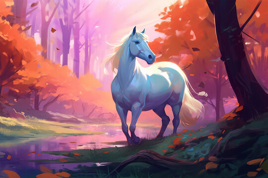 painting style landscape background, a horse in the forest