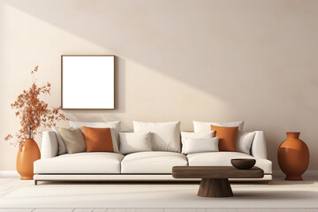 Interior of living room with white sofa, coffee table and vase. Interior of modern living room with brown walls, wooden floor, comfortable white sofa and mock up poster frame.