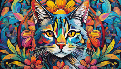 cat bright colorful and vibrant poster illustration