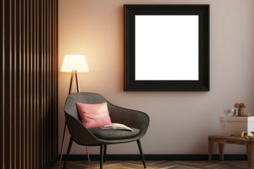 Mockup poster frame in modern interior, beige room with grey chair, decoration. Modern living room interior with armchair, coffee table and painting on the wall. Mock up,