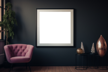 Mockup poster frame in modern interior, dark room with pink chair, decoration. Modern living room interior with pink armchair, coffee table and painting on the wall. Mock up,