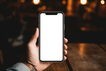 male hands holding phone with isolated screen over table in cafe.  - obrazy, fototapety, plakaty