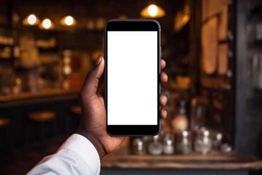 male hands holding phone with isolated screen over table in cafe. 