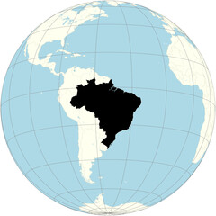 Brazil is positioned at the center of the orthographic projection of the global map. It is the largest country in South America and in Latin America.
