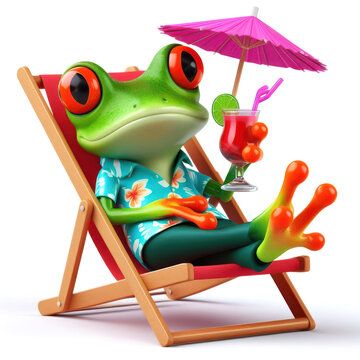 illustration of a funny red eyed tree frog wearing a hawaiian shirt and drinking a cocktail