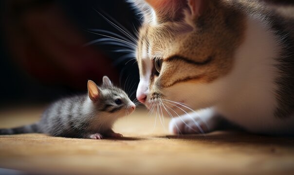 realistic photo of a cat petting a small mouse