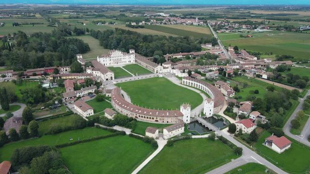 Aerial clockwise rotation Drone Shot of Villa Manin - Venetian Villa in Udine Italy