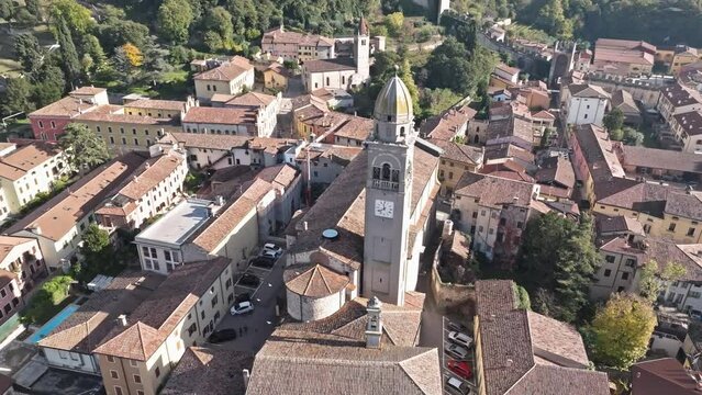 Chiesa di San Lorenzo Bell Tower Over Soave Old Town In Verona, Italy. Aerial Drone Shot