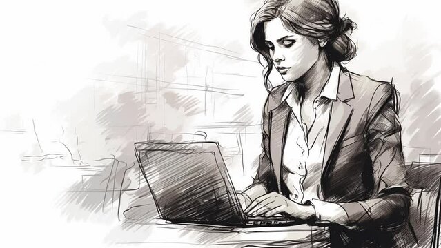 sketch animation of young business woman working on laptop. endless animation loop.