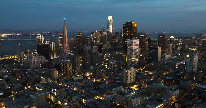 Day to night, Aerial Hyperlapse away from the skyline of San Francisco, USA
