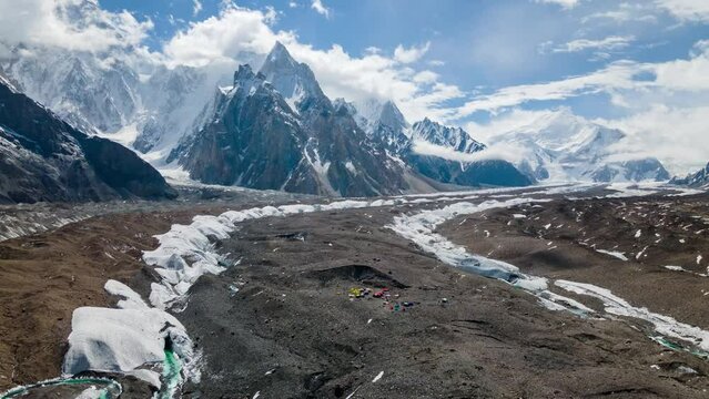 Circular Aerial Drone Hyperlapse of Concordia Base Camp in Pakistan with Cloud Movement