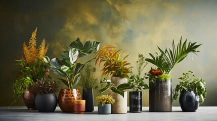 A group of vases with plants